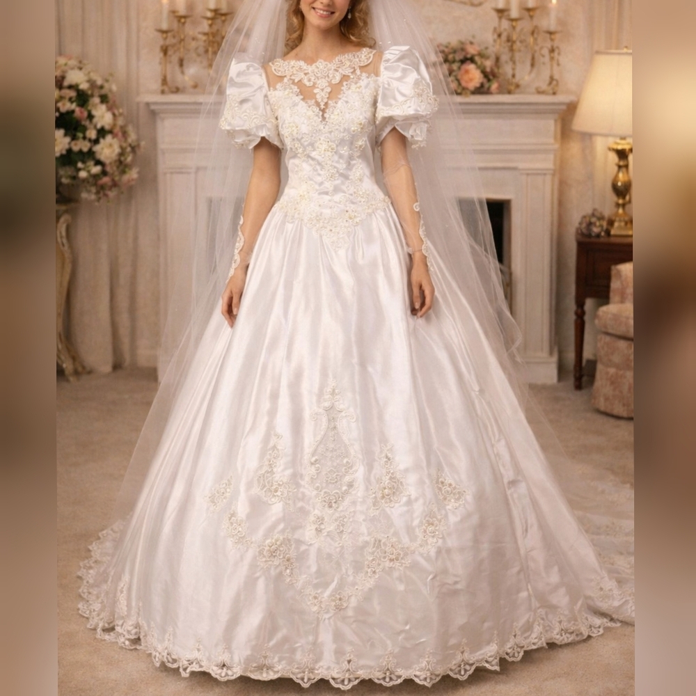 Alfred Angelo Vintage 80s 90s White Satin Long Sleeve Wedding Dress sz 12